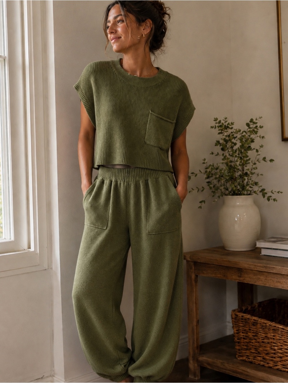 Sadie & Sage Olive Green Ribbed Knit Crewneck Sweater Set
